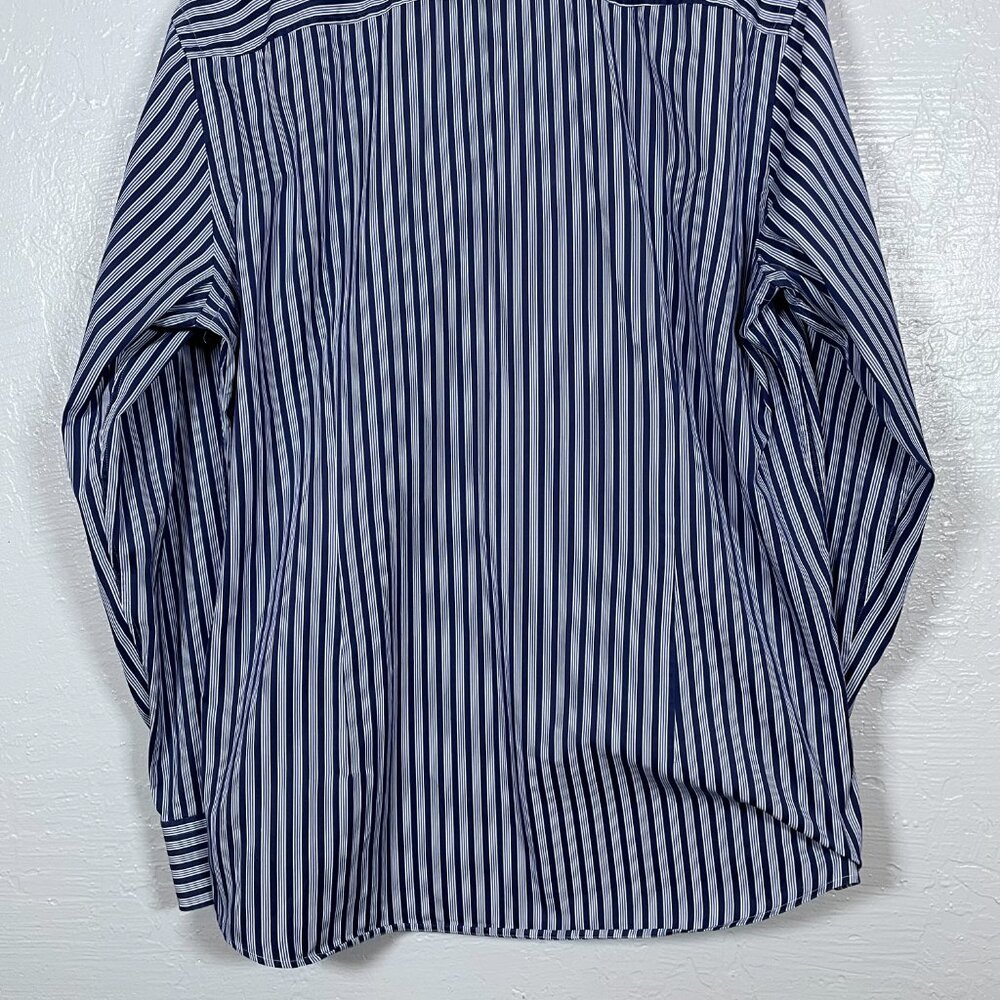 Hugo Boss Men 43 17 Navy Blue White Stripe Shirt Slim Fit Two Ply Spread Collar - Picture 6 of 10